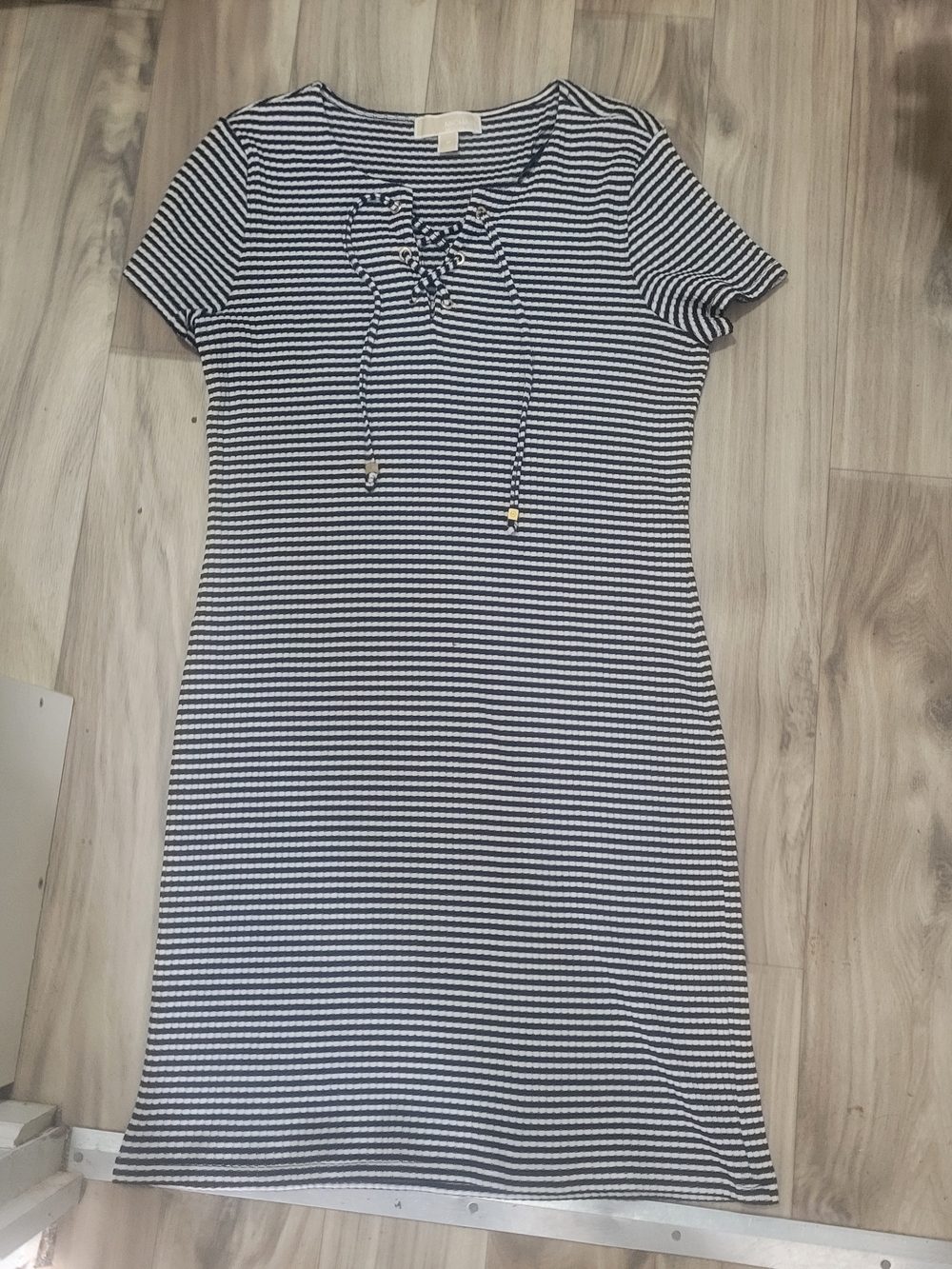 Michael Kors Navy and White Striped Lace-Up Tee Dress